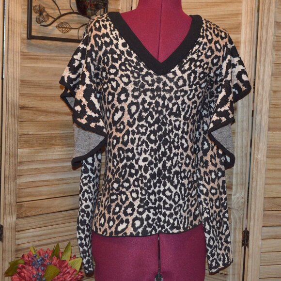 Rachel Rachel Roy S Black White Tan Animal Print Sweater Cold Shoulder - Picture 1 of 6